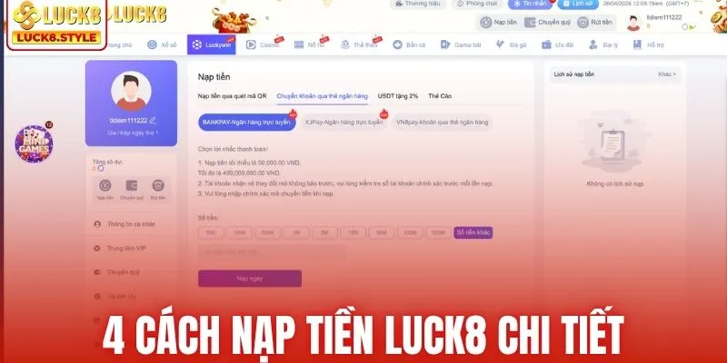 4 cách nạp tiền LUCK8 chi tiết