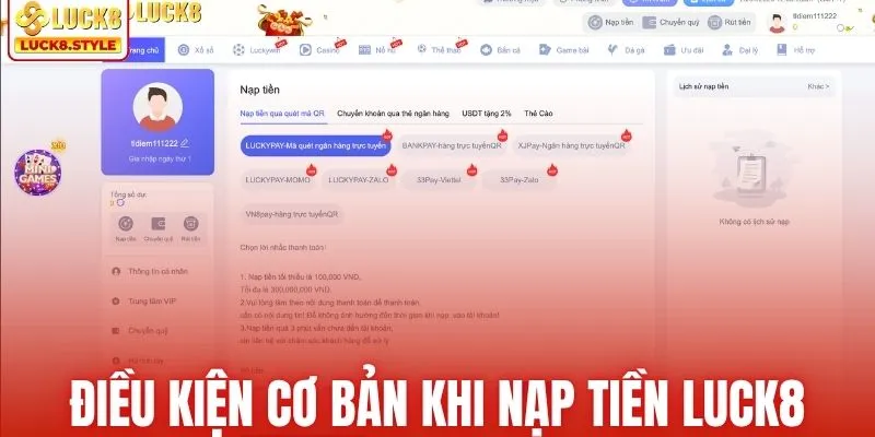 Điều kiện cơ bản khi nạp tiền LUCK8