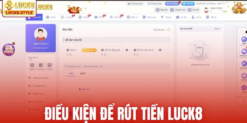 Điều kiện để rút tiền LUCK8